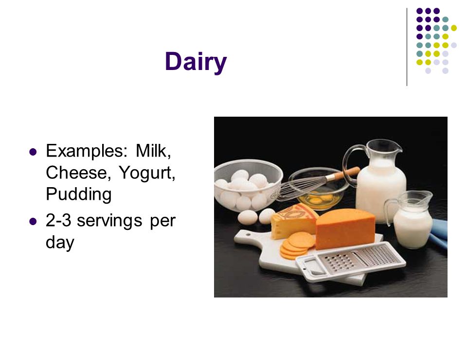 Dairy Examples: Milk, Cheese, Yogurt, Pudding 2-3 servings per day