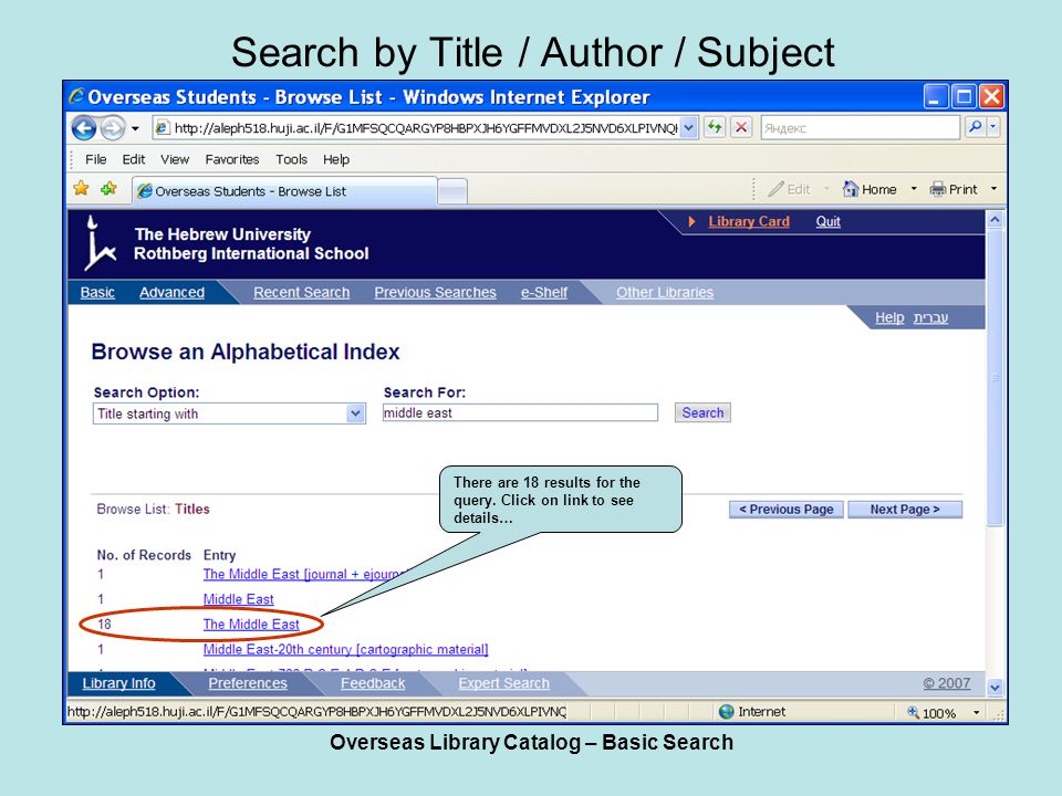 Overseas Library Catalog – Basic Search Search by Title / Author / Subject There are 18 results for the query.