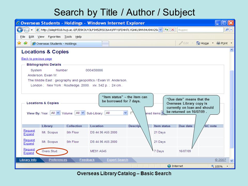 Overseas Library Catalog – Basic Search Search by Title / Author / Subject Due date means that the Overseas Library copy is currently on loan and should be returned on 16/07/09.