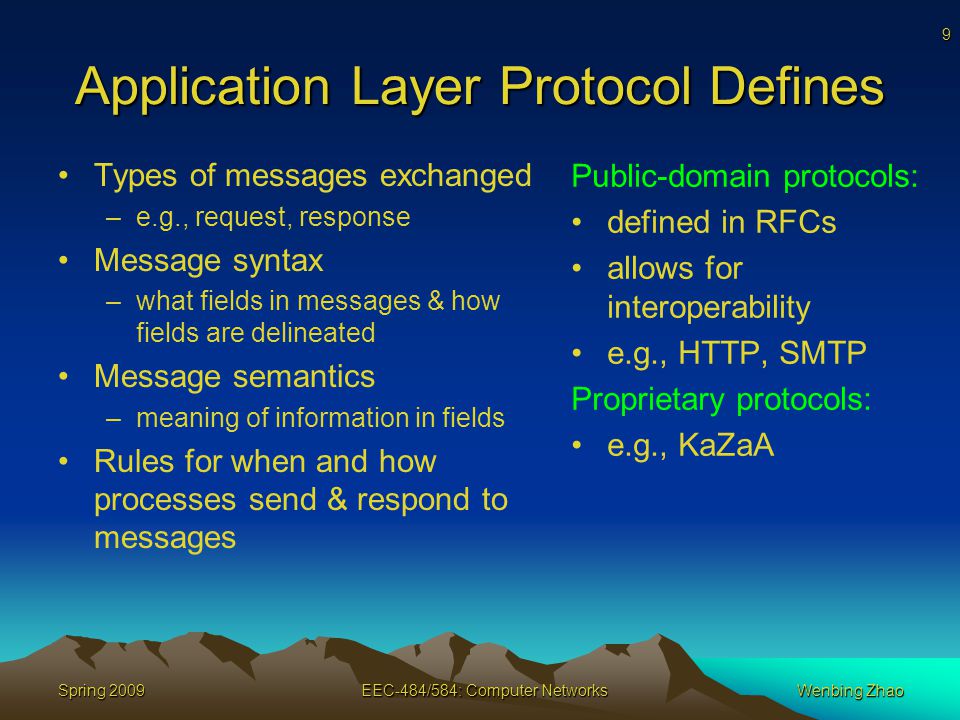 9 Spring 2009EEC-484/584: Computer NetworksWenbing Zhao Application Layer Protocol Defines Types of messages exchanged –e.g., request, response Message syntax –what fields in messages & how fields are delineated Message semantics –meaning of information in fields Rules for when and how processes send & respond to messages Public-domain protocols: defined in RFCs allows for interoperability e.g., HTTP, SMTP Proprietary protocols: e.g., KaZaA