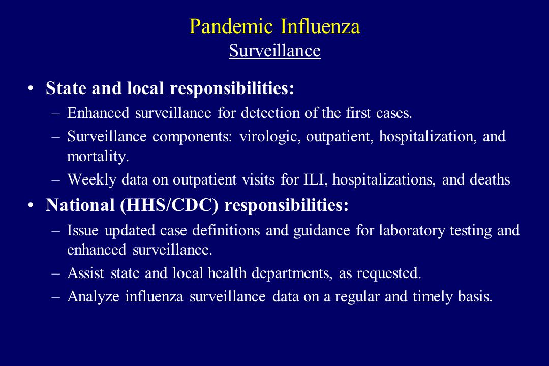 Pandemic Influenza Surveillance State and local responsibilities: –Enhanced surveillance for detection of the first cases.