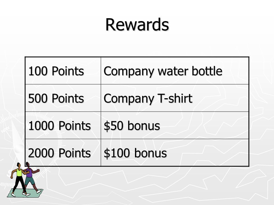Rewards 100 Points Company water bottle 500 Points Company T-shirt 1000 Points $50 bonus 2000 Points $100 bonus