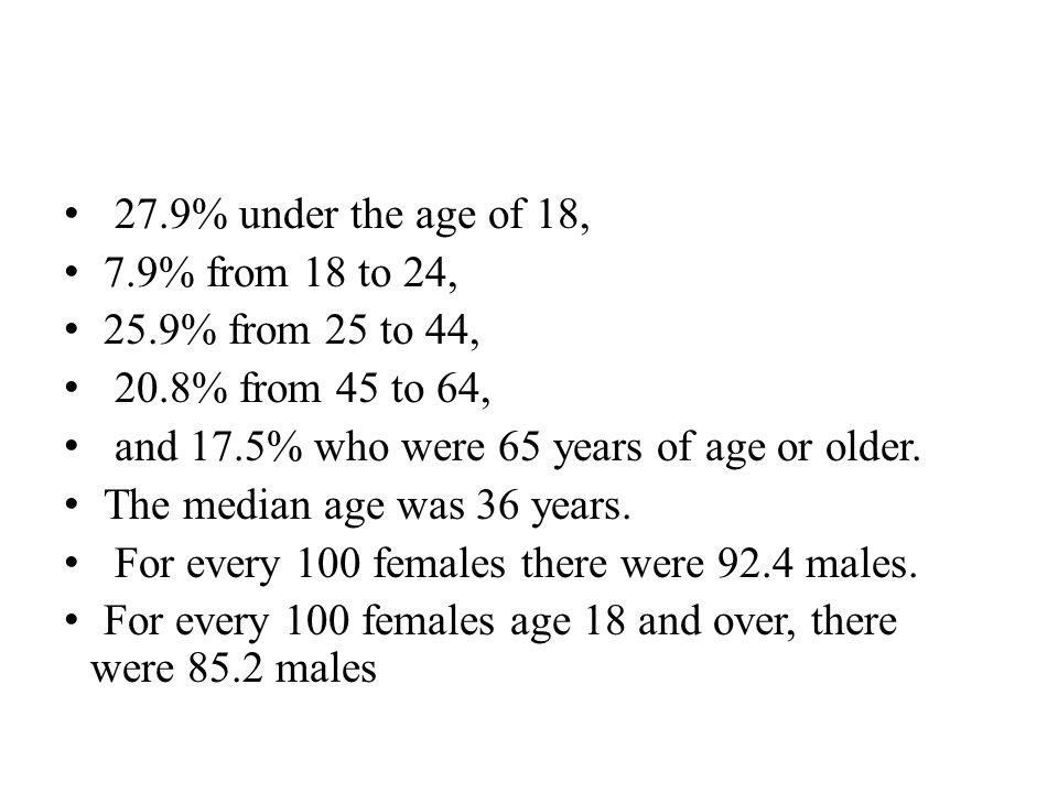 27.9% under the age of 18, 7.9% from 18 to 24, 25.9% from 25 to 44, 20.8% from 45 to 64, and 17.5% who were 65 years of age or older.