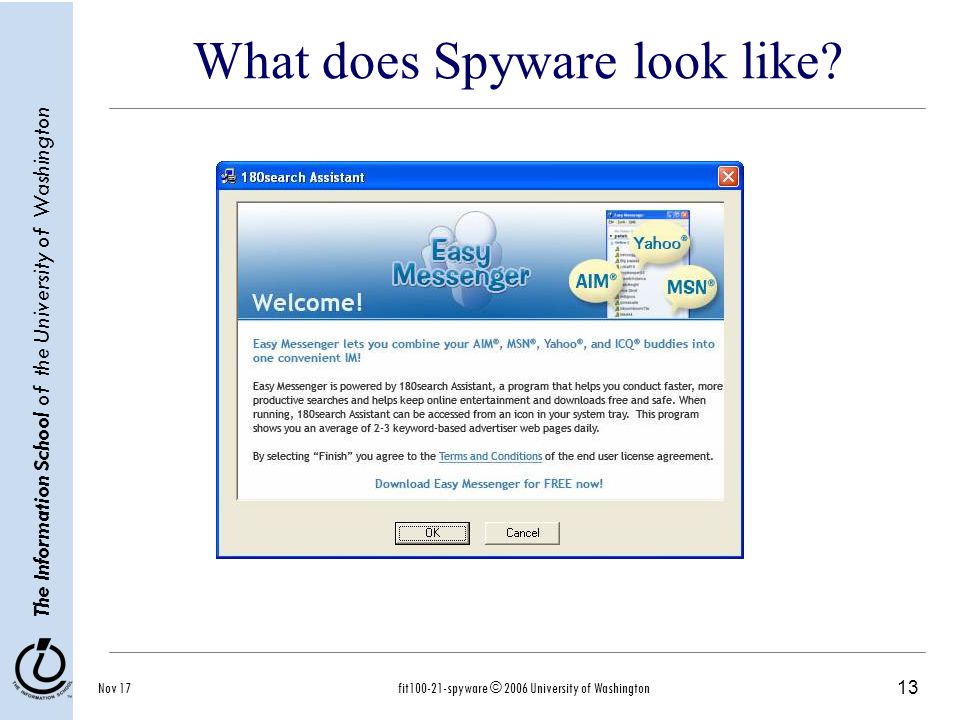 13 The Information School of the University of Washington Nov 17fit spyware © 2006 University of Washington What does Spyware look like