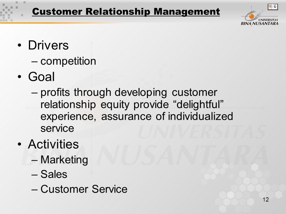 12 Customer Relationship Management Drivers –competition Goal –profits through developing customer relationship equity provide delightful experience, assurance of individualized service Activities –Marketing –Sales –Customer Service