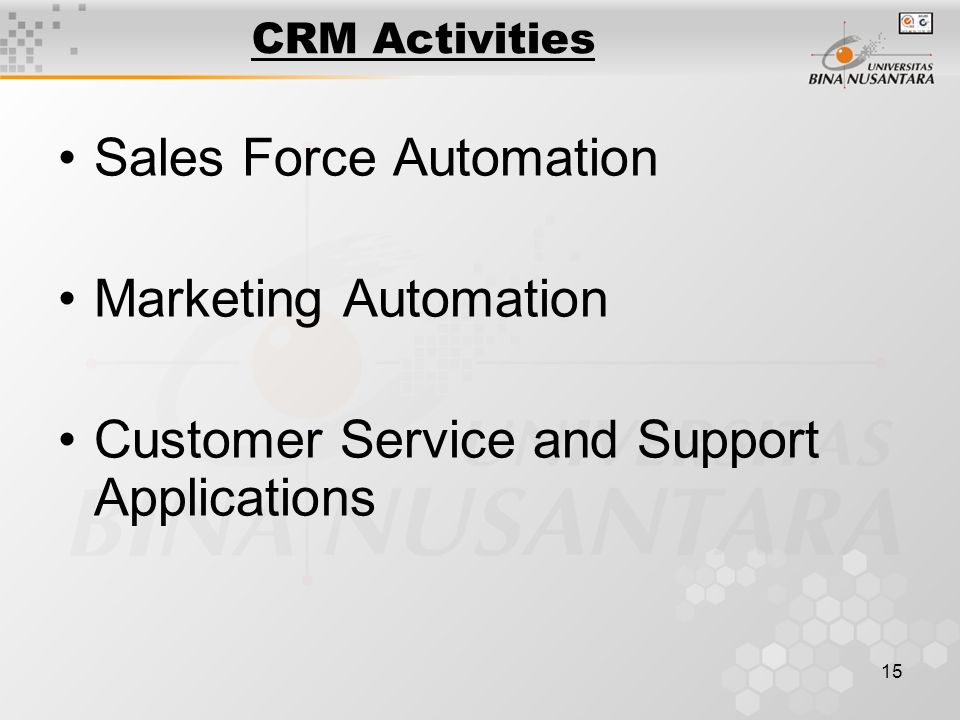 15 CRM Activities Sales Force Automation Marketing Automation Customer Service and Support Applications
