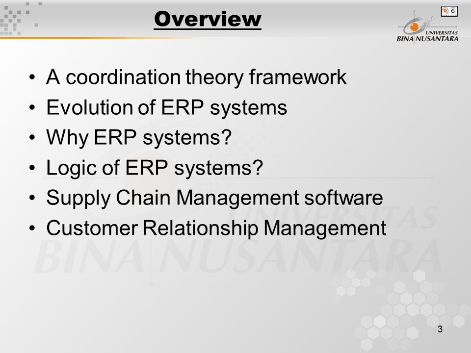 3 Overview A coordination theory framework Evolution of ERP systems Why ERP systems.