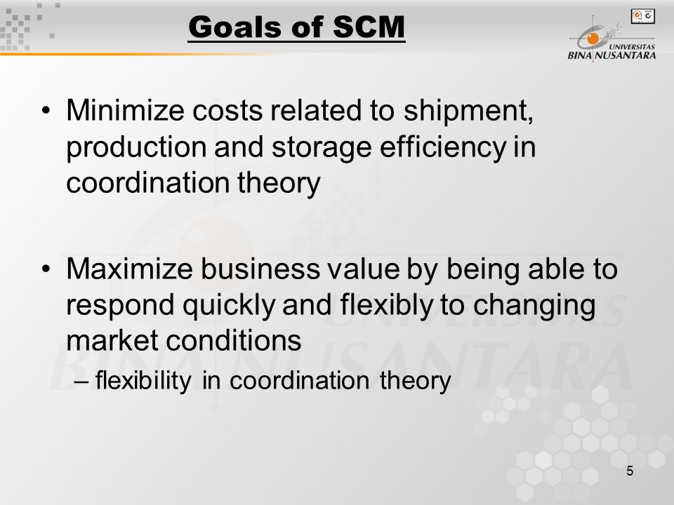 5 Goals of SCM Minimize costs related to shipment, production and storage efficiency in coordination theory Maximize business value by being able to respond quickly and flexibly to changing market conditions –flexibility in coordination theory