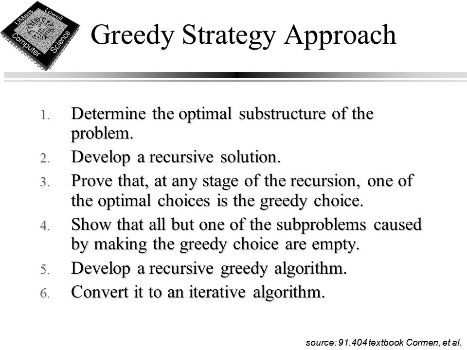 Greedy Strategy Approach 1. Determine the optimal substructure of the problem.