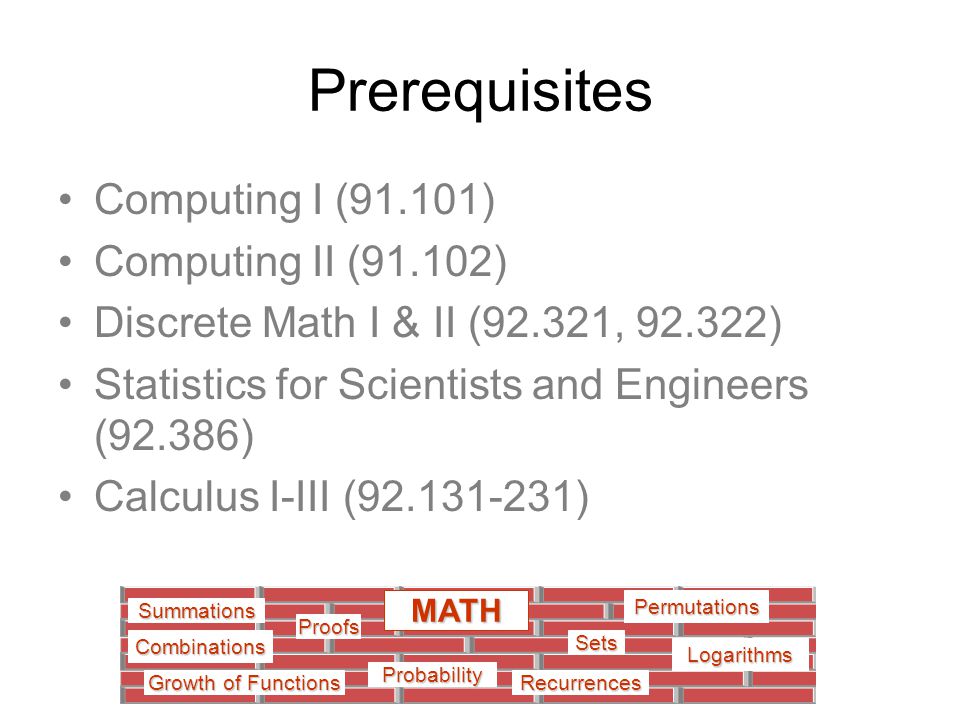 Prerequisites Computing I (91.101) Computing II (91.102) Discrete Math I & II (92.321, ) Statistics for Scientists and Engineers (92.386) Calculus I-III ( ) Growth of Functions Summations Recurrences Sets Probability MATH Proofs Logarithms Permutations Combinations