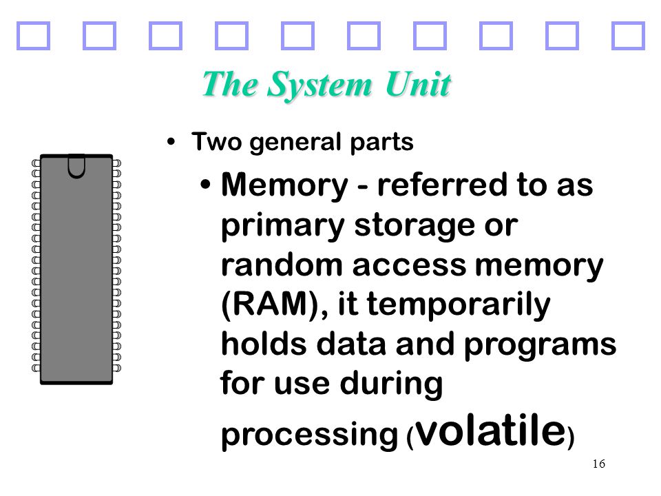 16 The System Unit Two general parts Memory - referred to as primary storage or random access memory (RAM), it temporarily holds data and programs for use during processing ( volatile )