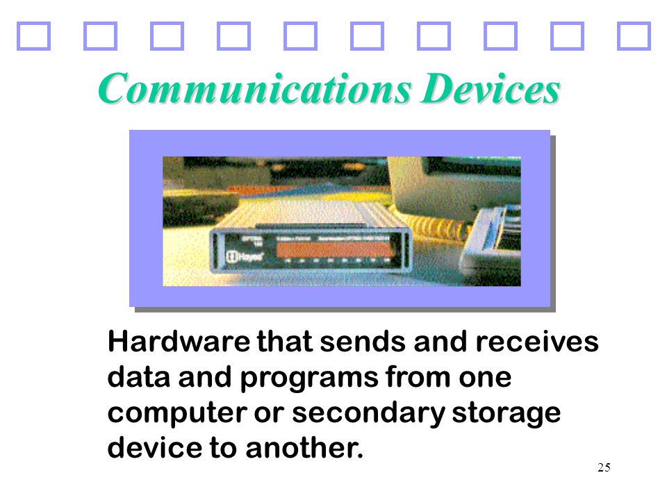 25 Communications Devices Hardware that sends and receives data and programs from one computer or secondary storage device to another.