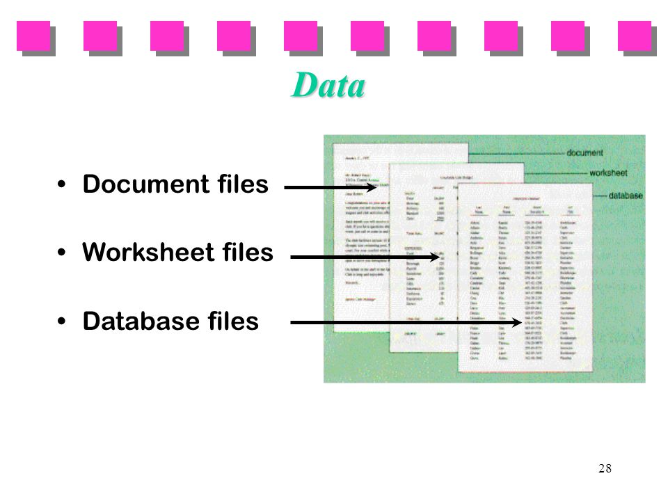 28 Data Document files Worksheet files Database files