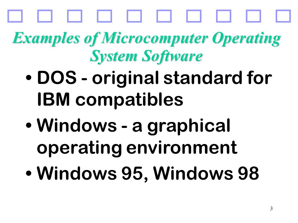 3 Examples of Microcomputer Operating System Software DOS - original standard for IBM compatibles Windows - a graphical operating environment Windows 95, Windows 98
