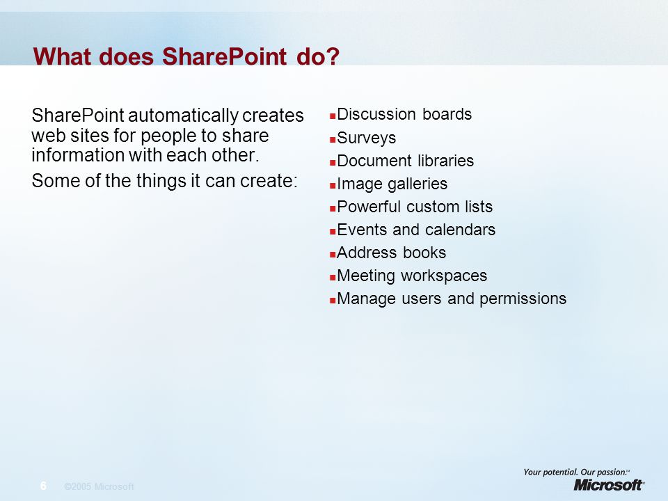 6 ©2005 Microsoft What does SharePoint do.
