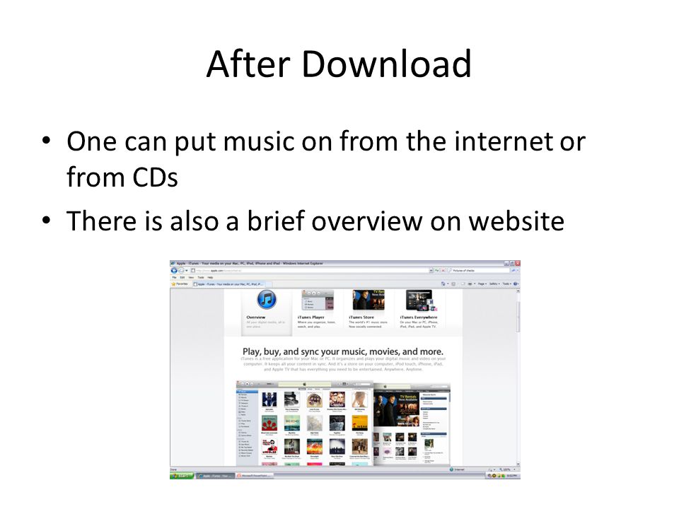 After Download One can put music on from the internet or from CDs There is also a brief overview on website