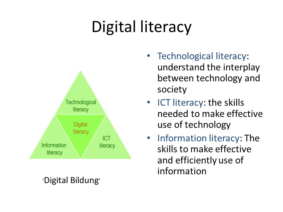 Digital literacy Technological literacy: understand the interplay between technology and society ICT literacy: the skills needed to make effective use of technology Information literacy: The skills to make effective and efficiently use of information ‘ Digital Bildung ’
