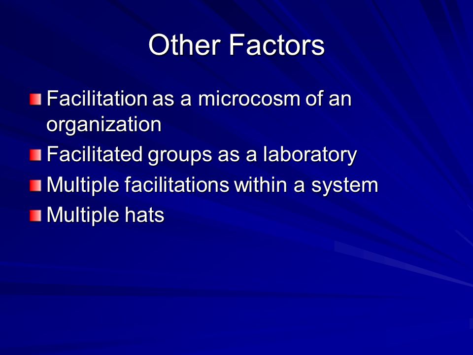 Other Factors Facilitation as a microcosm of an organization Facilitated groups as a laboratory Multiple facilitations within a system Multiple hats