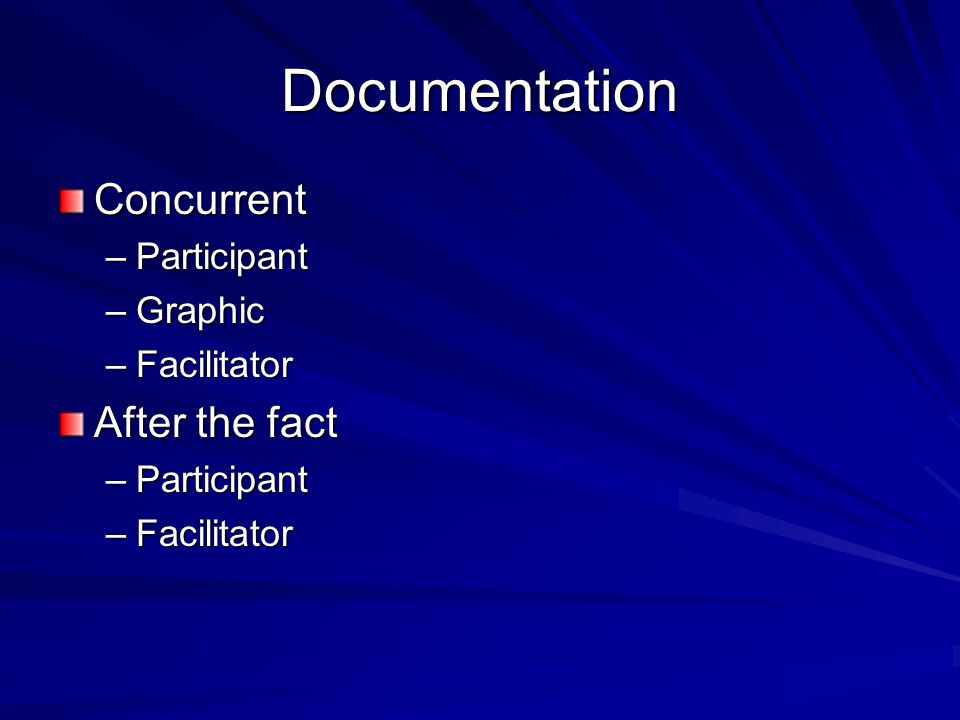 Documentation Concurrent –Participant –Graphic –Facilitator After the fact –Participant –Facilitator