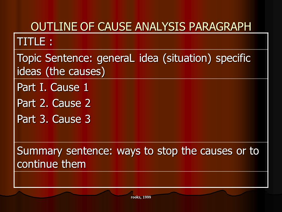 rooks, 1999 OUTLINE OF CAUSE ANALYSIS PARAGRAPH TITLE : Topic Sentence: generaL idea (situation) specific ideas (the causes) Part I.