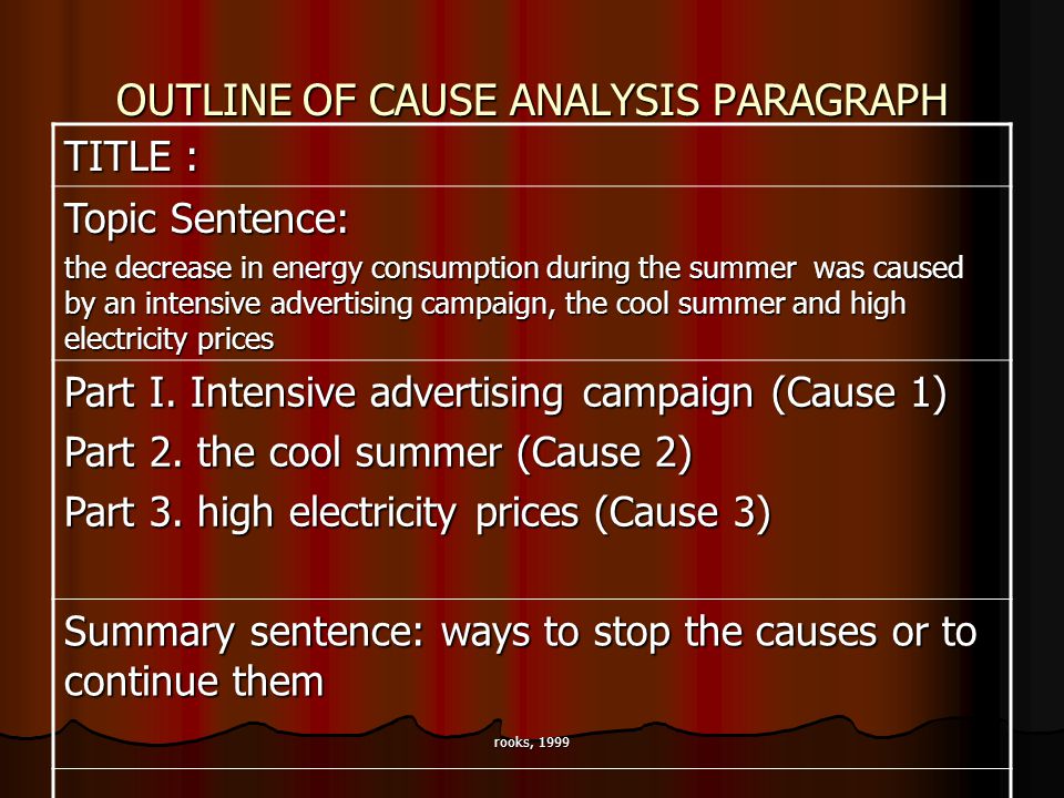 rooks, 1999 OUTLINE OF CAUSE ANALYSIS PARAGRAPH TITLE : Topic Sentence: the decrease in energy consumption during the summer was caused by an intensive advertising campaign, the cool summer and high electricity prices Part I.