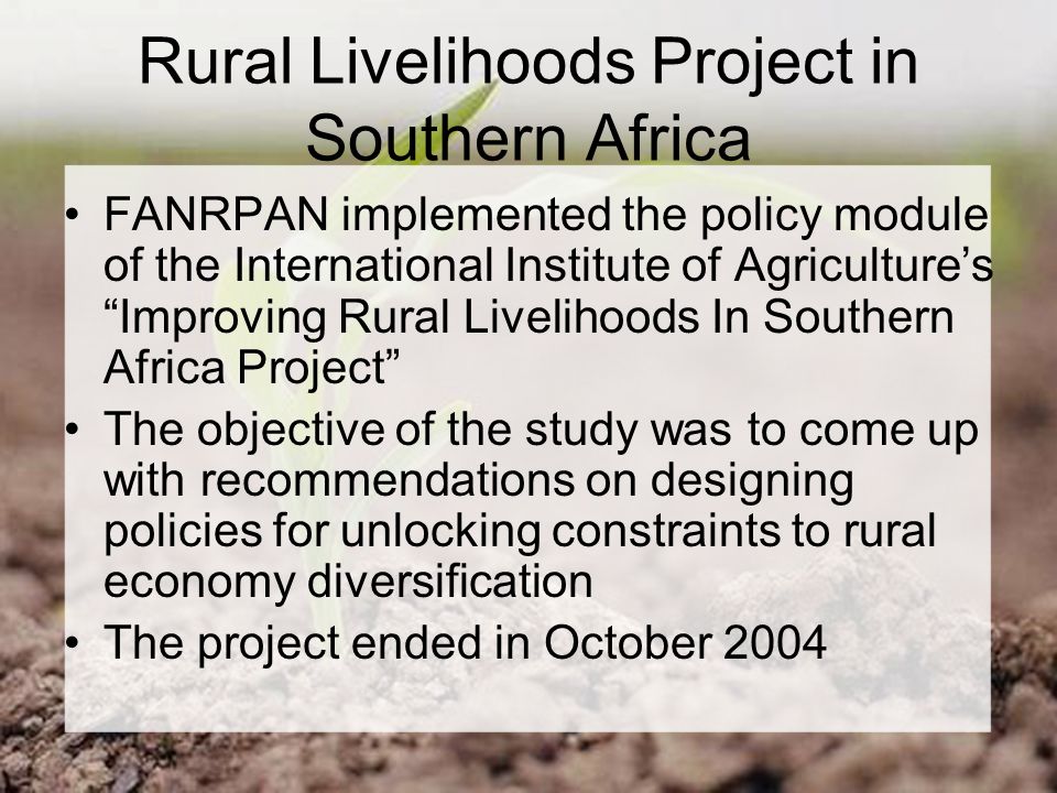 Rural Livelihoods Project in Southern Africa FANRPAN implemented the policy module of the International Institute of Agriculture’s Improving Rural Livelihoods In Southern Africa Project The objective of the study was to come up with recommendations on designing policies for unlocking constraints to rural economy diversification The project ended in October 2004
