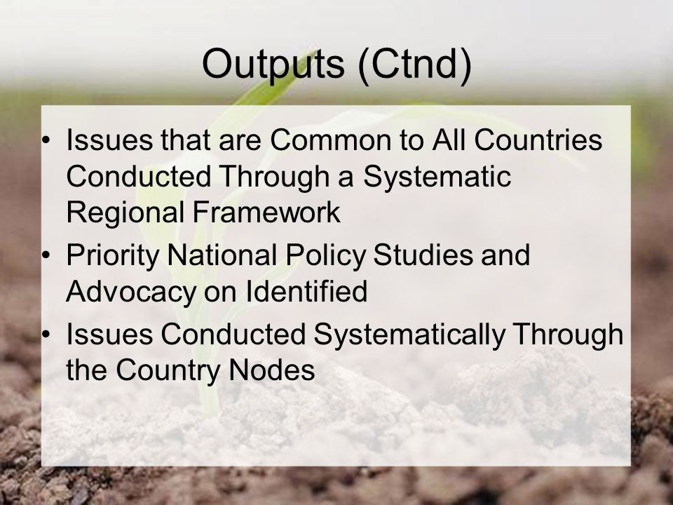 Outputs (Ctnd) Issues that are Common to All Countries Conducted Through a Systematic Regional Framework Priority National Policy Studies and Advocacy on Identified Issues Conducted Systematically Through the Country Nodes