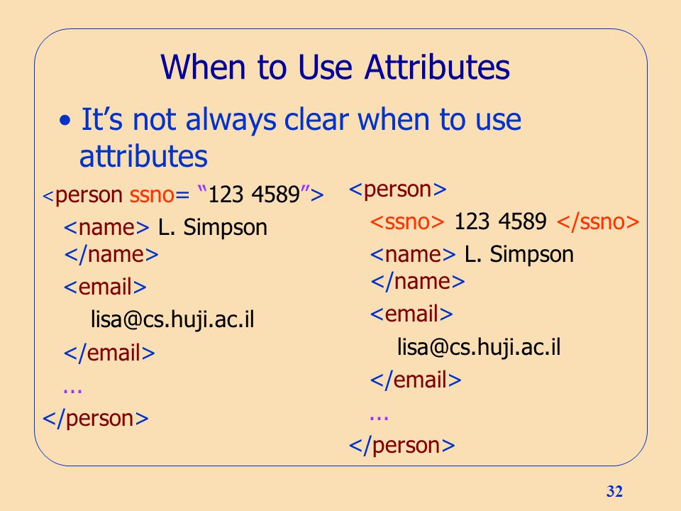 32 When to Use Attributes It’s not always clear when to use attributes L.
