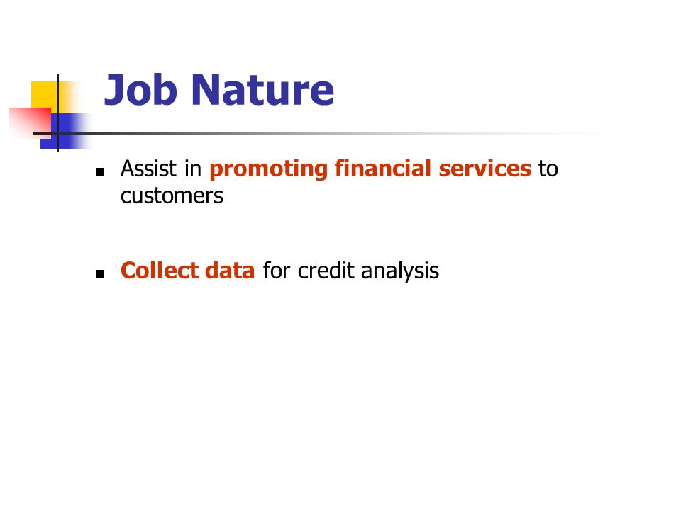Assist in promoting financial services to customers Collect data for credit analysis Job Nature