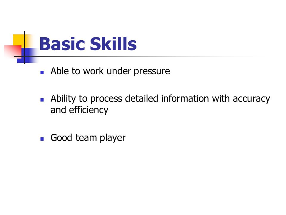 Basic Skills Able to work under pressure Ability to process detailed information with accuracy and efficiency Good team player
