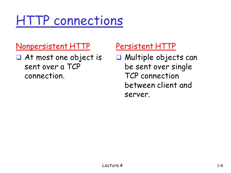 HTTP connections Nonpersistent HTTP  At most one object is sent over a TCP connection.