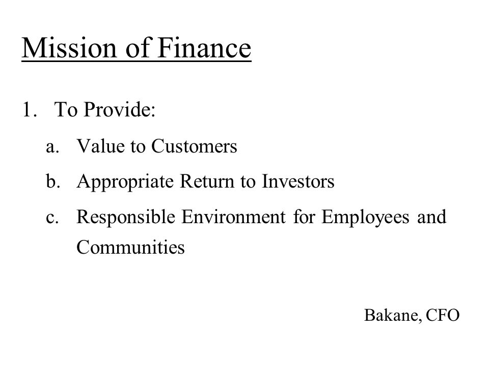 Mission of Finance 1.To Provide: a.Value to Customers b.Appropriate Return to Investors c.Responsible Environment for Employees and Communities Bakane, CFO
