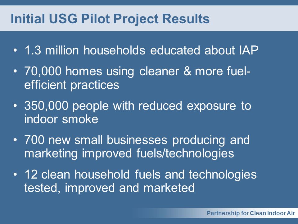 Initial USG Pilot Project Results 1.3 million households educated about IAP 70,000 homes using cleaner & more fuel- efficient practices 350,000 people with reduced exposure to indoor smoke 700 new small businesses producing and marketing improved fuels/technologies 12 clean household fuels and technologies tested, improved and marketed