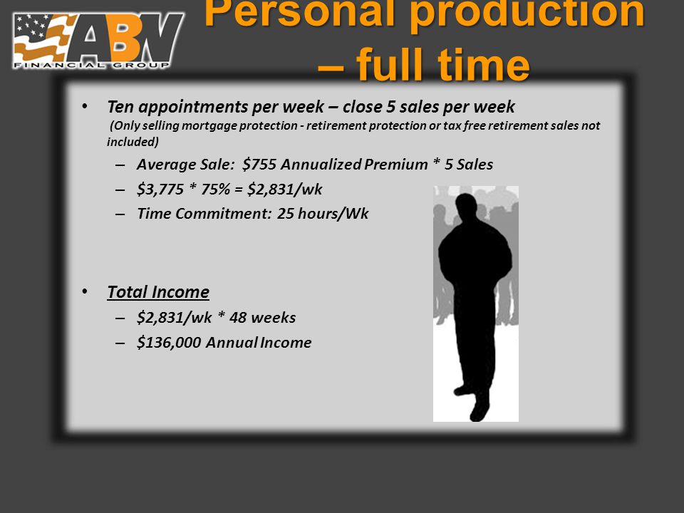 Personal production – full time Ten appointments per week – close 5 sales per week (Only selling mortgage protection - retirement protection or tax free retirement sales not included) – Average Sale: $755 Annualized Premium * 5 Sales – $3,775 * 75% = $2,831/wk – Time Commitment: 25 hours/Wk Total Income – $2,831/wk * 48 weeks – $136,000 Annual Income