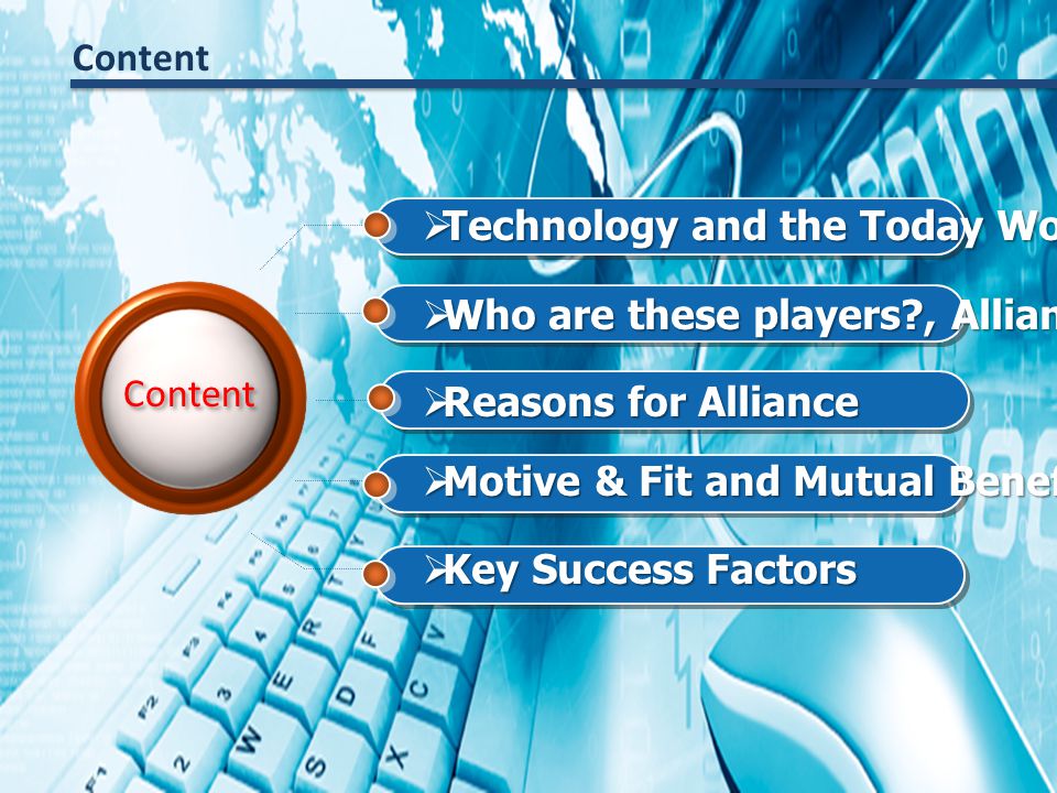 Content  Technology and the Today World  Who are these players , Alliance Overview  Motive & Fit and Mutual Benefit  Key Success Factors  Reasons for Alliance Content