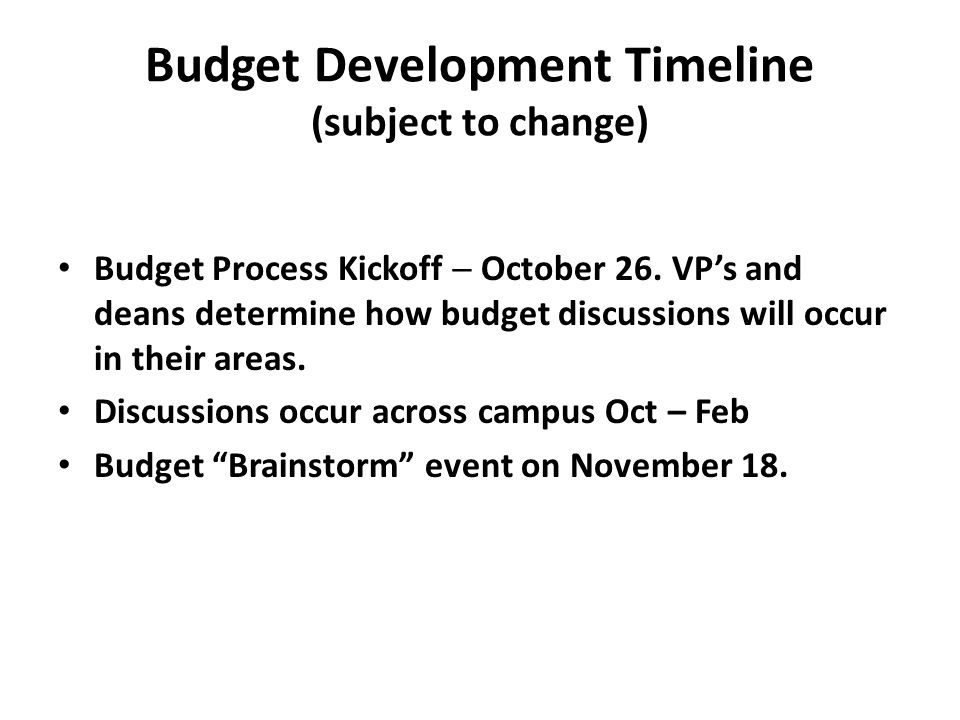 Budget Development Timeline (subject to change) Budget Process Kickoff  October 26.