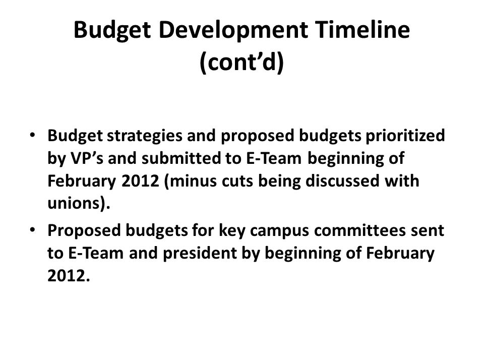 Budget Development Timeline (cont’d) Budget strategies and proposed budgets prioritized by VP’s and submitted to E-Team beginning of February 2012 (minus cuts being discussed with unions).