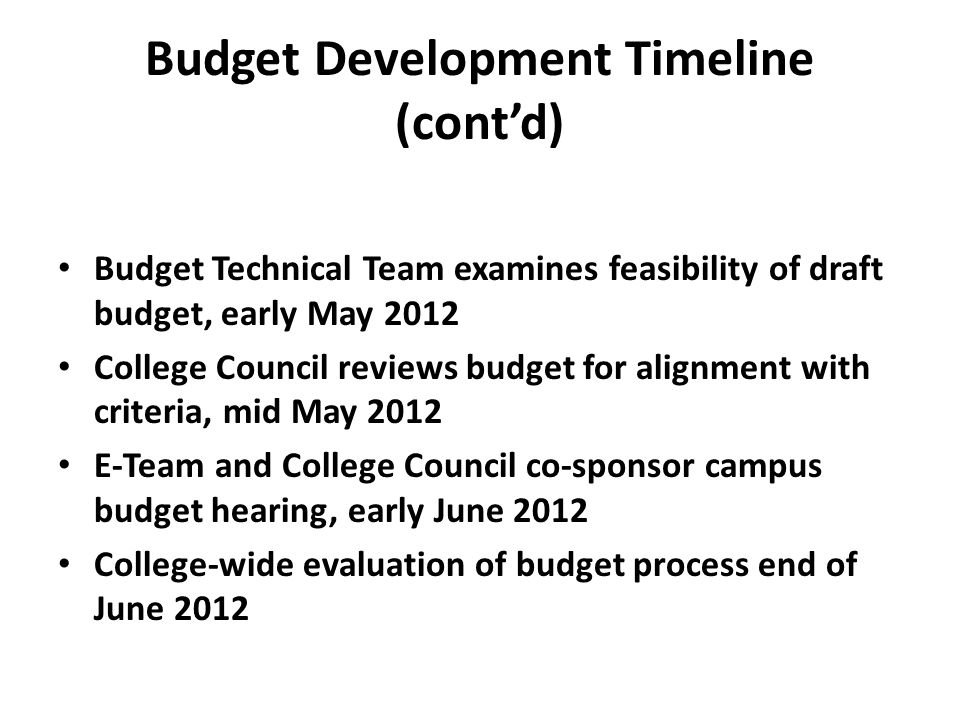Budget Development Timeline (cont’d) Budget Technical Team examines feasibility of draft budget, early May 2012 College Council reviews budget for alignment with criteria, mid May 2012 E-Team and College Council co-sponsor campus budget hearing, early June 2012 College-wide evaluation of budget process end of June 2012