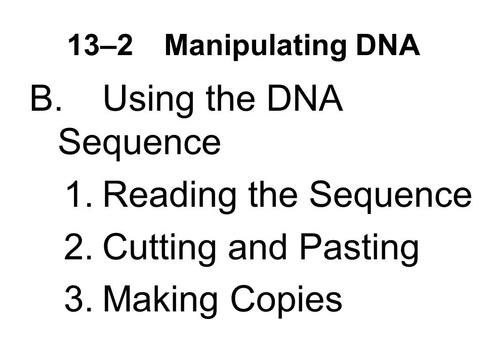 13–2Manipulating DNA B.Using the DNA Sequence 1.Reading the Sequence 2.Cutting and Pasting 3.Making Copies