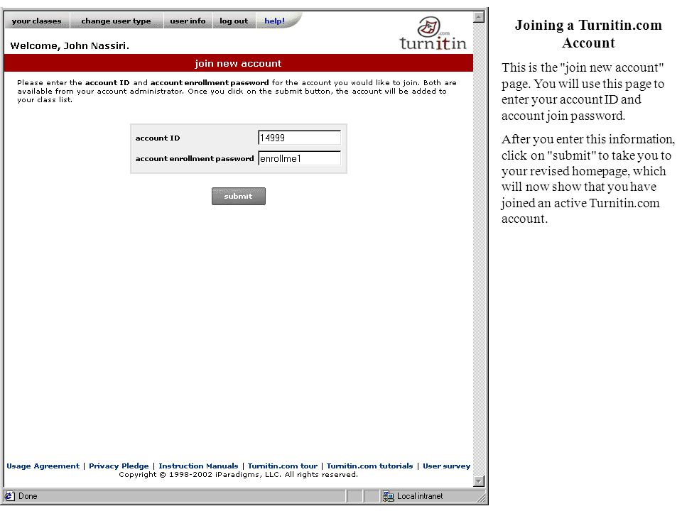 Joining a Turnitin.com Account This is the join new account page.