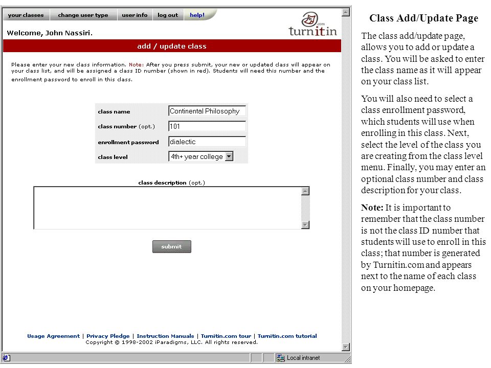 Class Add/Update Page The class add/update page, allows you to add or update a class.
