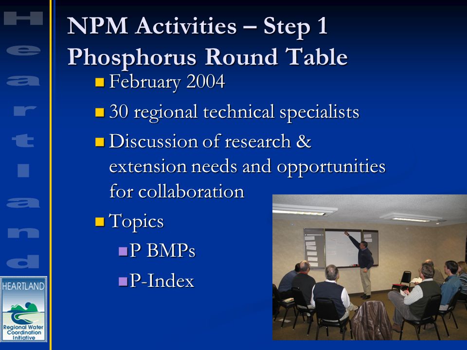 NPM Activities – Step 1 Phosphorus Round Table February 2004 February regional technical specialists 30 regional technical specialists Discussion of research & extension needs and opportunities for collaboration Discussion of research & extension needs and opportunities for collaboration Topics Topics P BMPs P BMPs P-Index P-Index