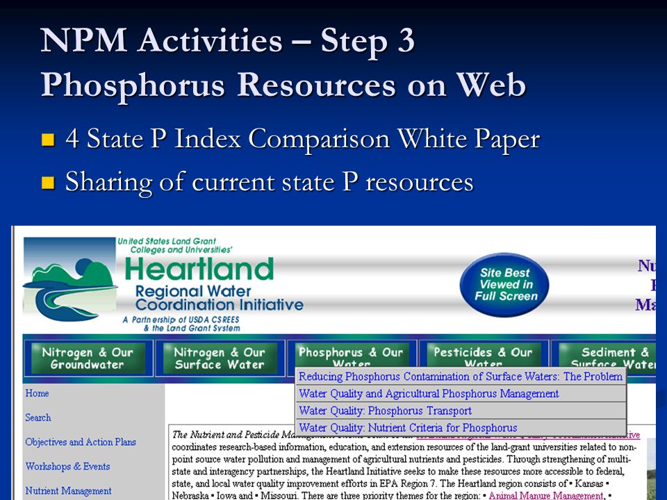 NPM Activities – Step 3 Phosphorus Resources on Web 4 State P Index Comparison White Paper 4 State P Index Comparison White Paper Sharing of current state P resources Sharing of current state P resources