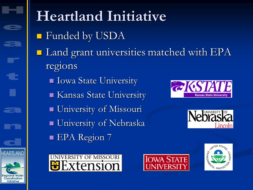 Heartland Initiative Funded by USDA Funded by USDA Land grant universities matched with EPA regions Land grant universities matched with EPA regions Iowa State University Iowa State University Kansas State University Kansas State University University of Missouri University of Missouri University of Nebraska University of Nebraska EPA Region 7 EPA Region 7