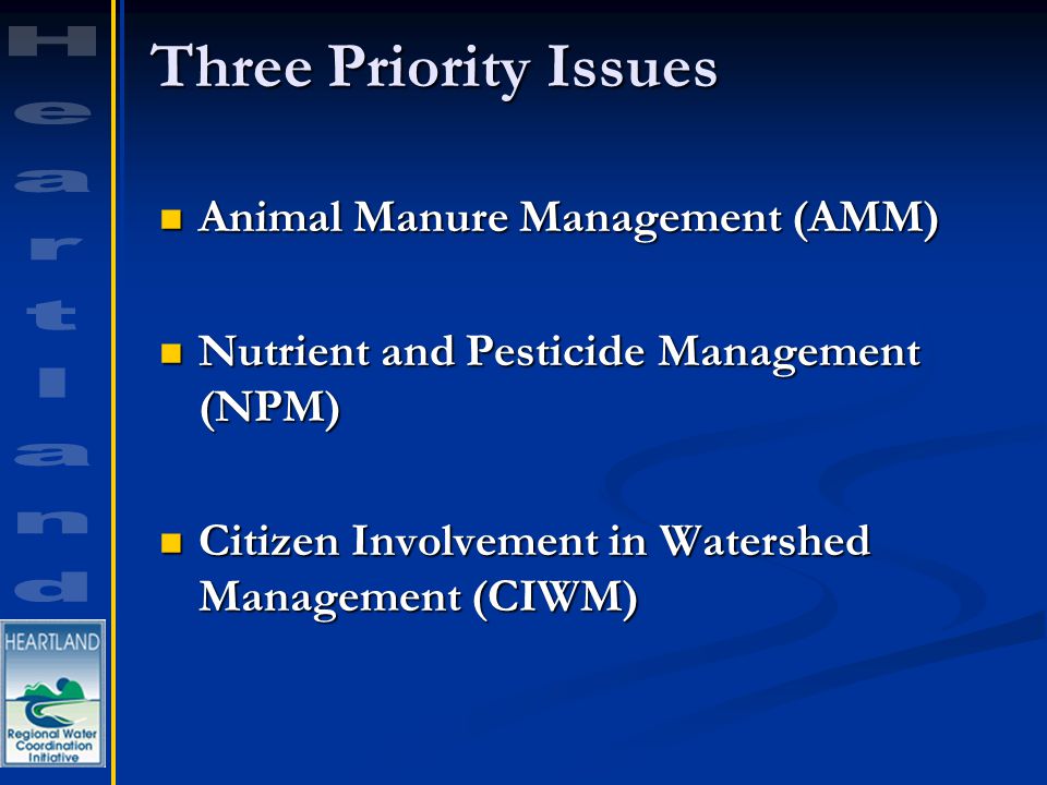 Three Priority Issues Animal Manure Management (AMM) Animal Manure Management (AMM) Nutrient and Pesticide Management (NPM) Nutrient and Pesticide Management (NPM) Citizen Involvement in Watershed Management (CIWM) Citizen Involvement in Watershed Management (CIWM)
