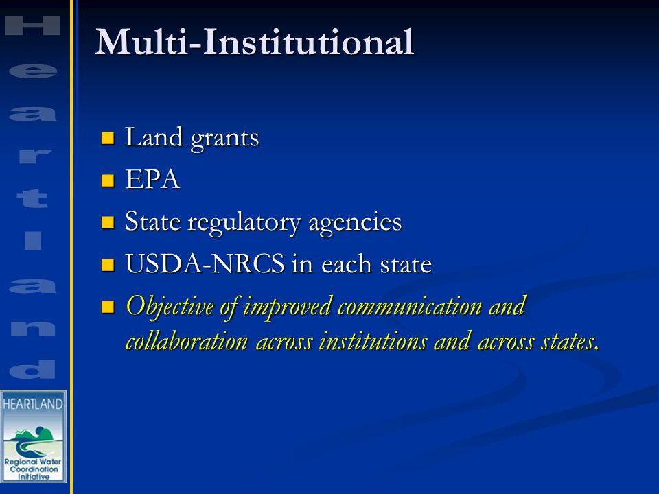 Multi-Institutional Land grants Land grants EPA EPA State regulatory agencies State regulatory agencies USDA-NRCS in each state USDA-NRCS in each state Objective of improved communication and collaboration across institutions and across states.