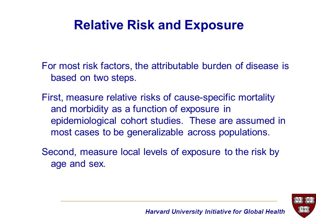 Harvard University Initiative for Global Health For most risk factors, the attributable burden of disease is based on two steps.