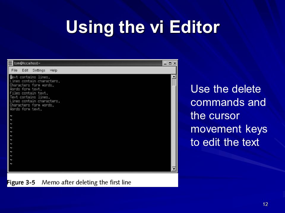 12 Using the vi Editor Use the delete commands and the cursor movement keys to edit the text