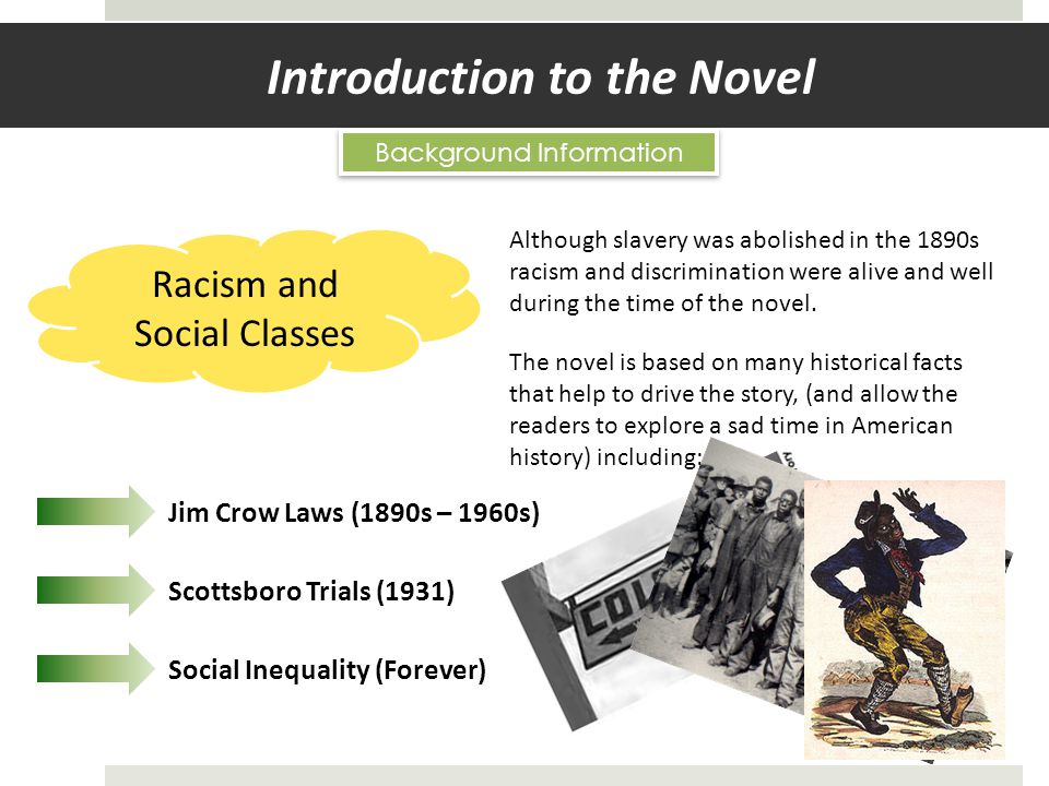 Introduction to the Novel Background Information Racism and Social Classes Although slavery was abolished in the 1890s racism and discrimination were alive and well during the time of the novel.
