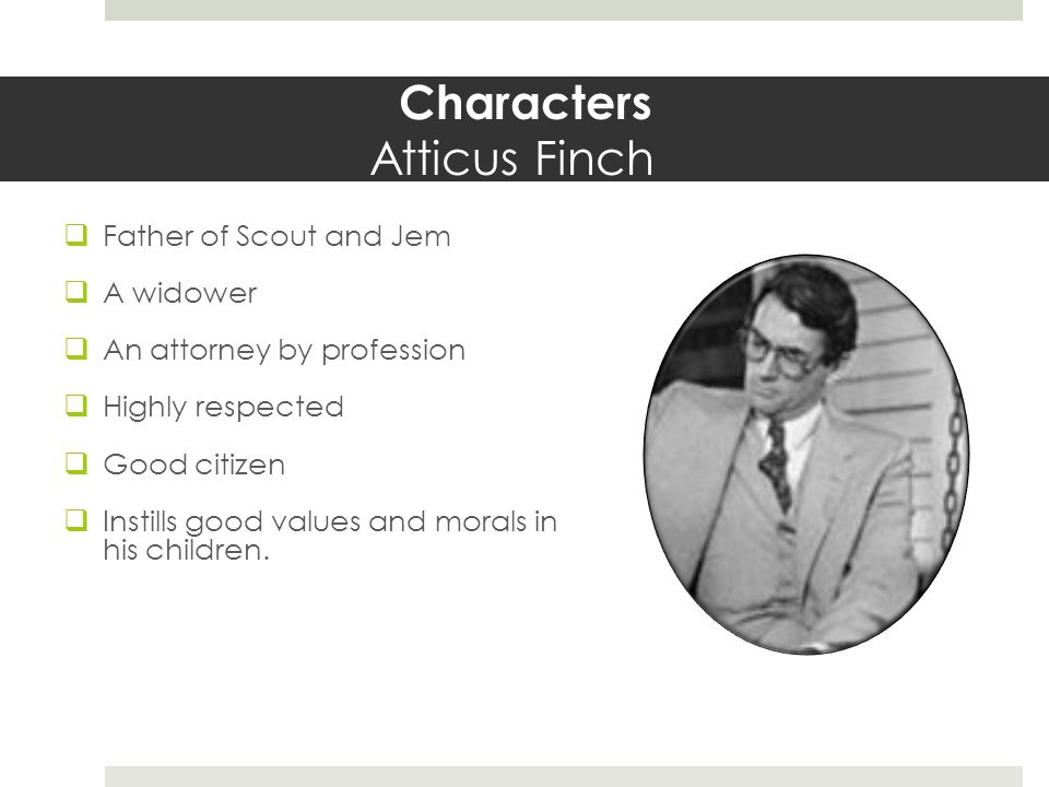 Characters Atticus Finch  Father of Scout and Jem  A widower  An attorney by profession  Highly respected  Good citizen  Instills good values and morals in his children.